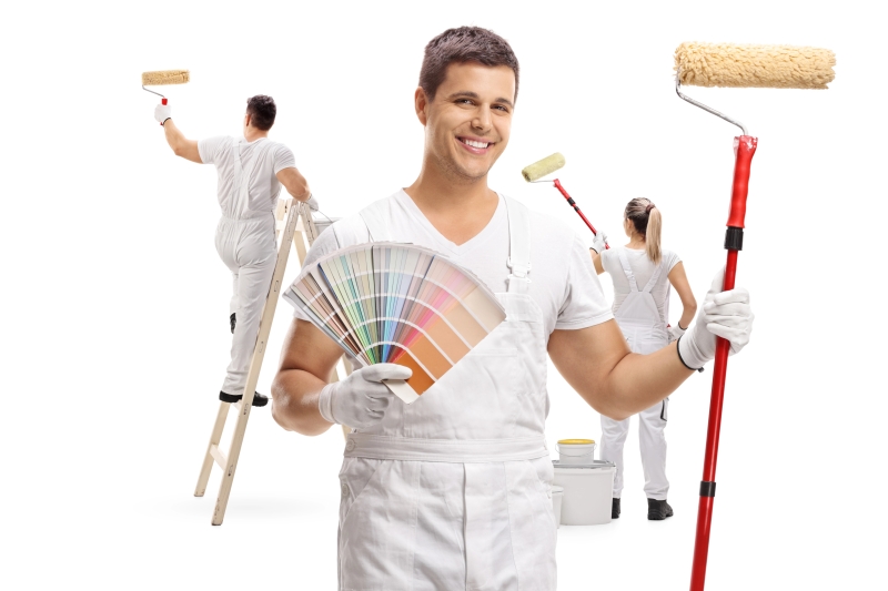 Painter Holding Color Swatch Paint Roller Two Painters Painting Him Is