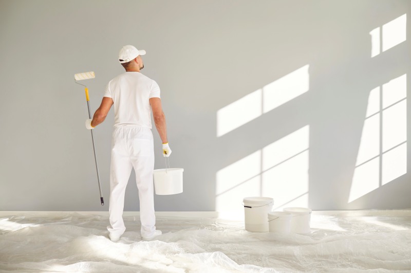 Back View Male Painter White Clothes Holding Bucket Paint Roller Going