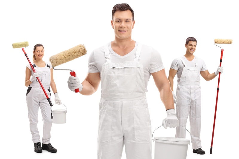 Painters Paint Rollers Buckets Isolated White Background